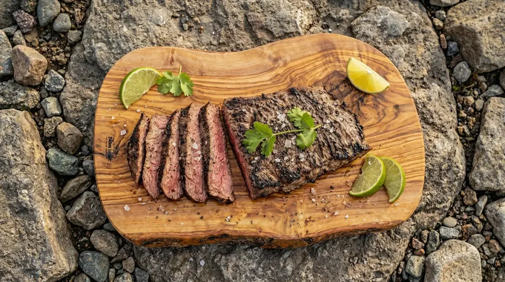 Thick slices of medium-rare beef tenderloin on charred baguette topped with horseradish cream