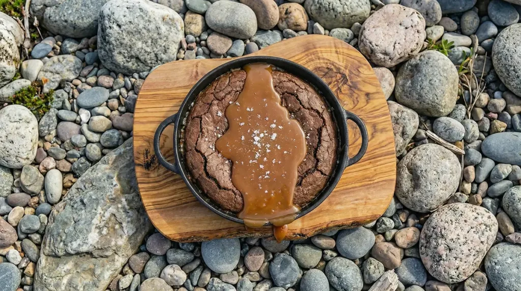 Finished campfire skillet brownie with salted bone marrow caramel drizzled over top, served in cast iron skillet