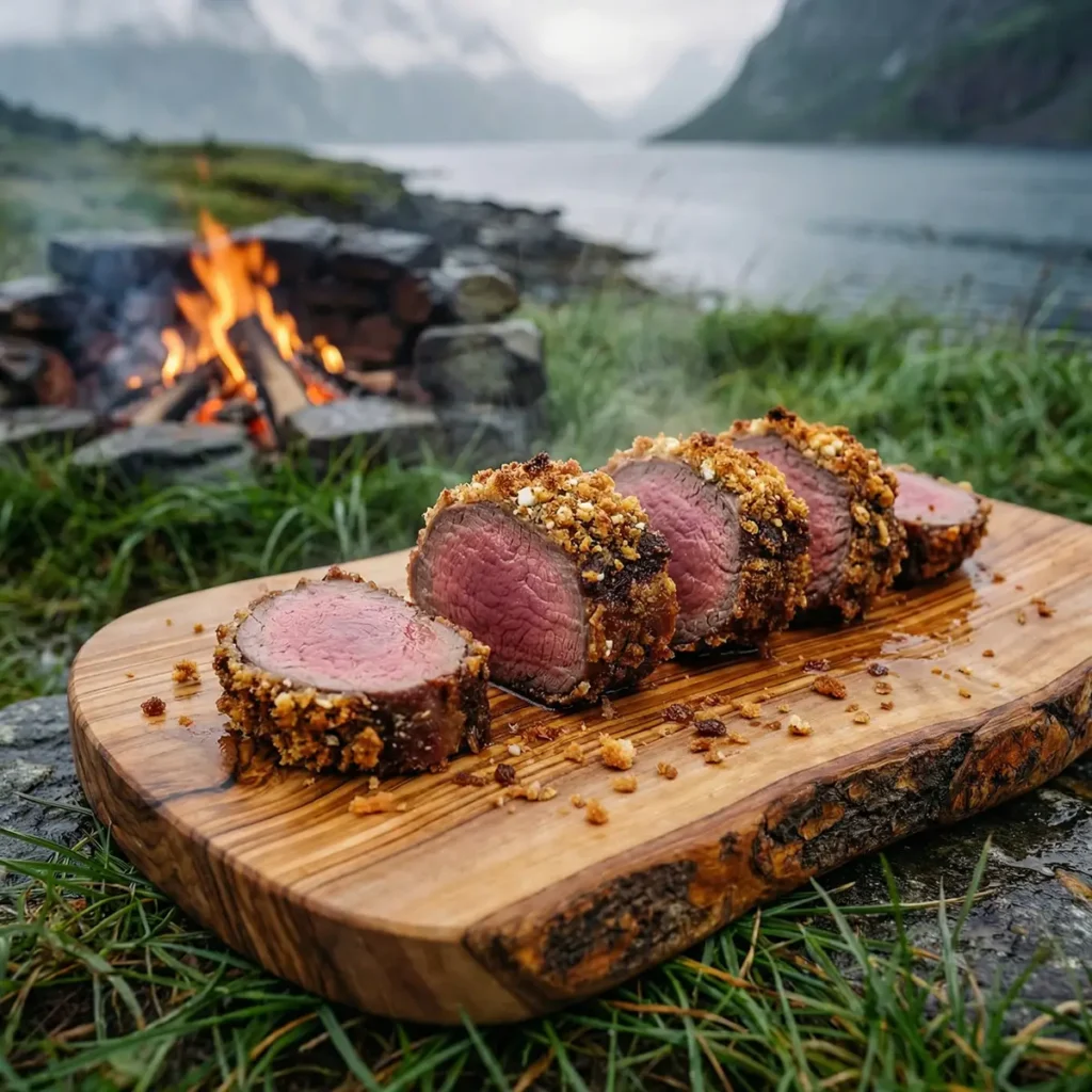 Sliced crispy fried venison with a golden panko and feta crust on a wooden board