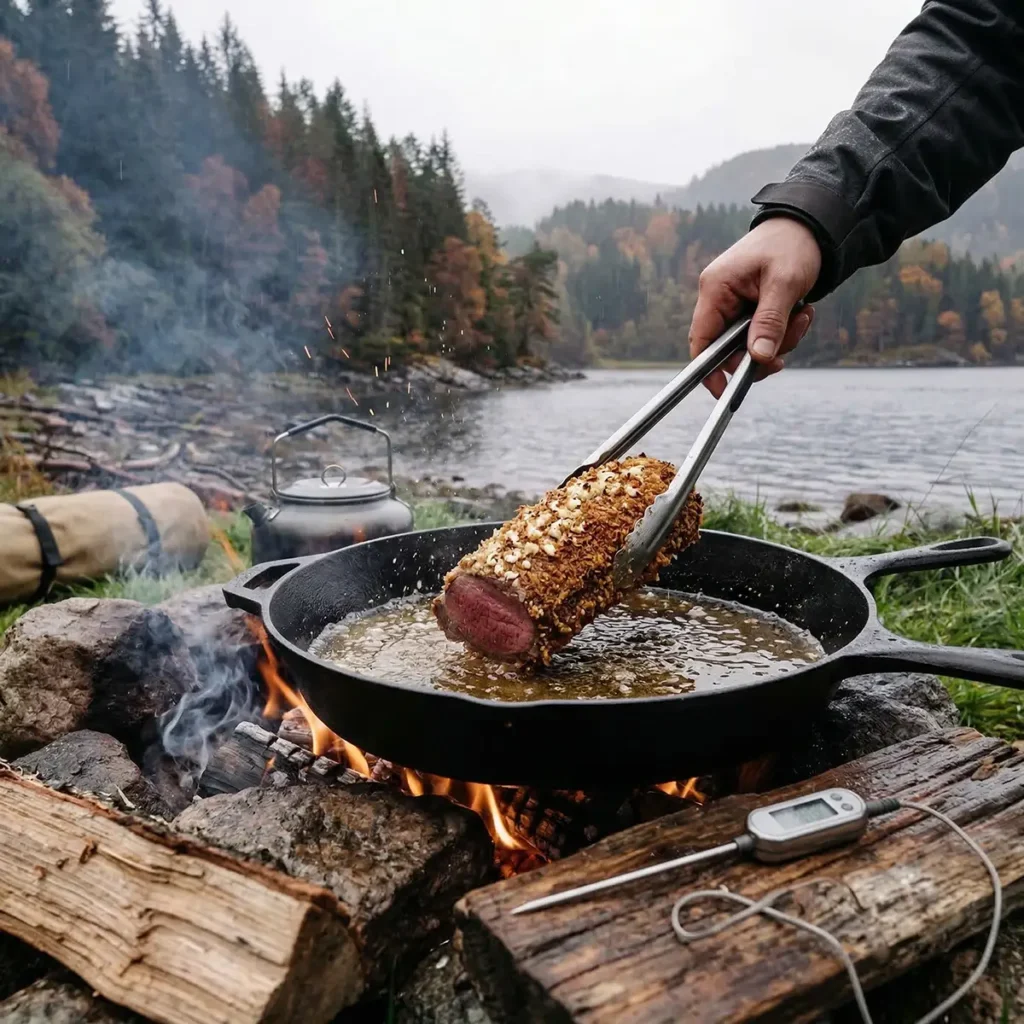Cast iron skillet over an open campfire frying a crusted piece of venison meat