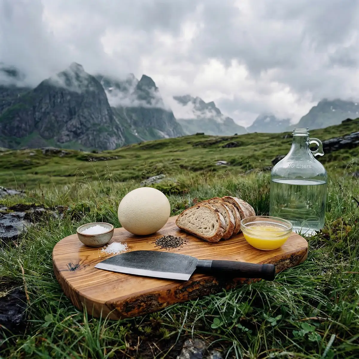 The Ultimate Boiled Ostrich Egg — Epic Campfire Breakfast 2 A massive ostrich egg, slices of sourdough bread and melted butter on wa wooden board