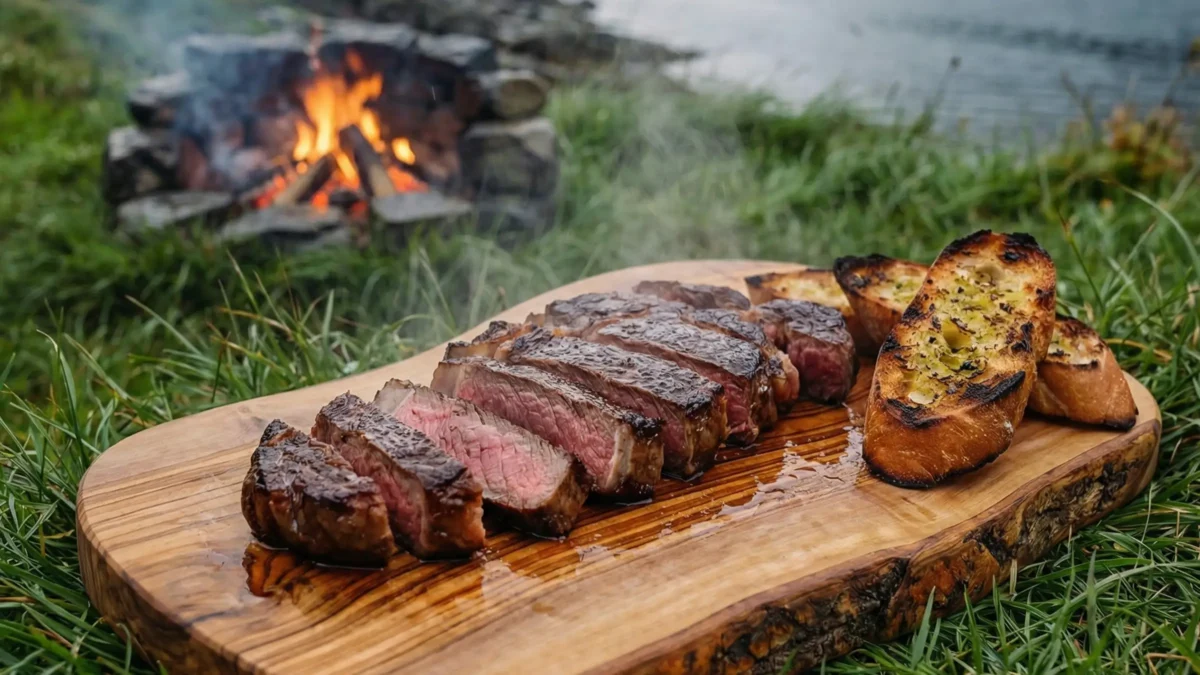 The Epic Cast Iron Entrecote — Primal Outdoor BBQ 6 Thick, juicy slices of medium-rare beef served alongside charred tomato baguette slices
