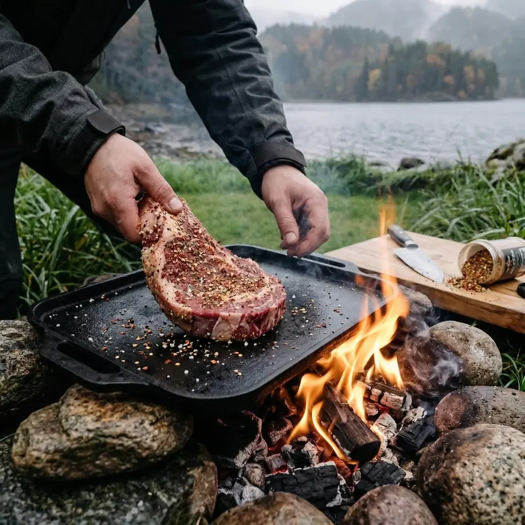 The ultimate Cast Iron Entrecote steak sizzling perfectly on a blazing hot plancha over an open charcoal fire