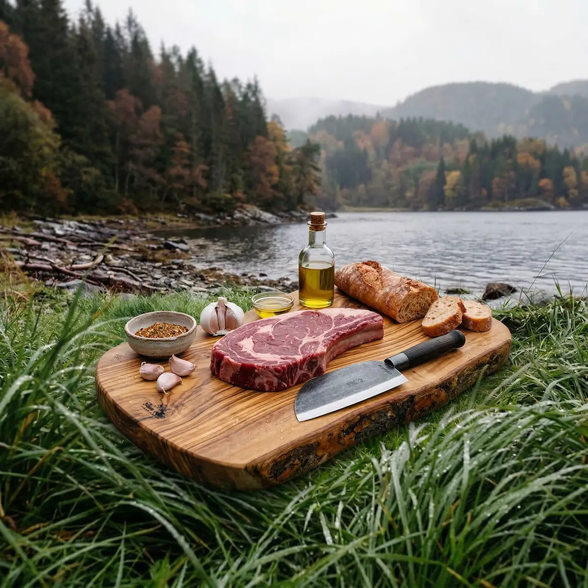 A thick-cut monster ribeye with rustic bruschetta spices on a wooden board