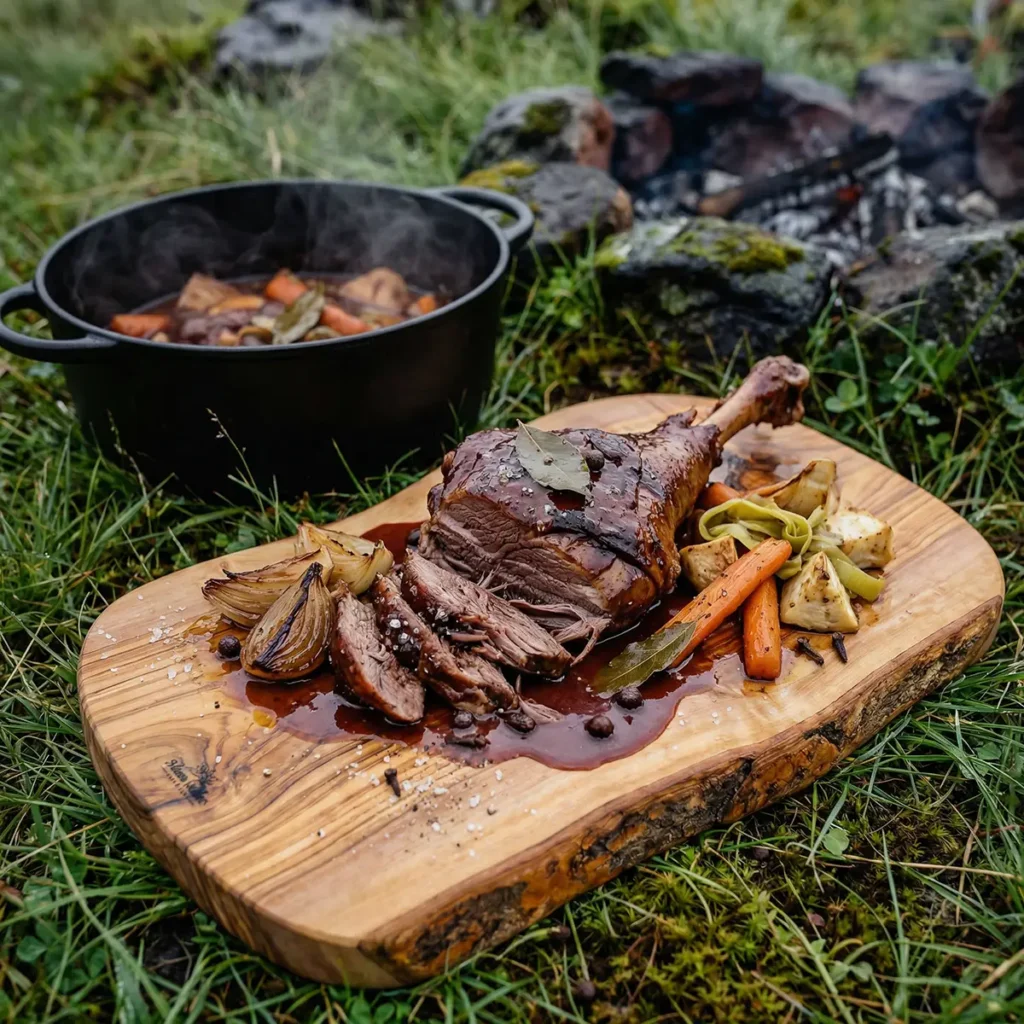 Shredded braised ostrich meat served with rich dark gravy, carrots, and rustic bread