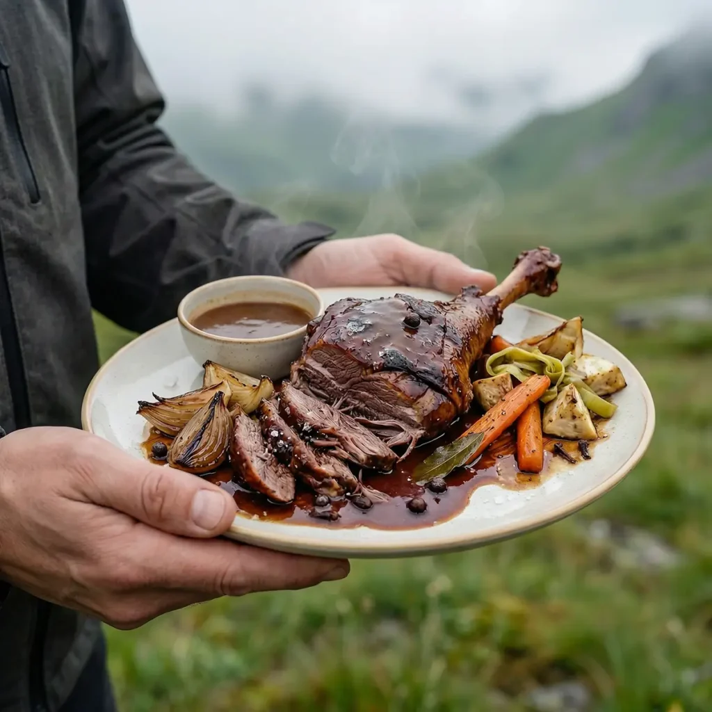 Shredded braised ostrich meat served with rich dark gravy, carrots, and rustic bread