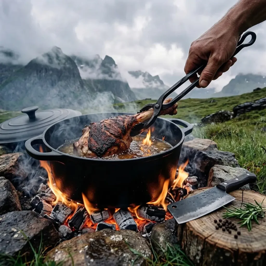 A massive braised ostrich leg simmering in a cast iron Dutch oven over an open campfire in the woods