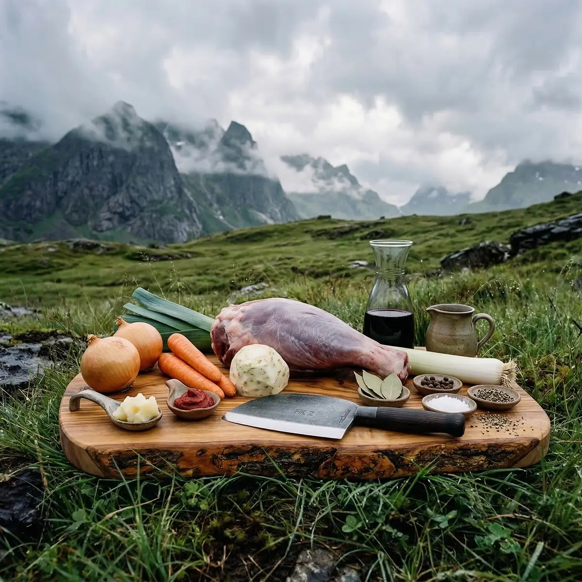 A massive ostrich leg with vegetables on a wooden board