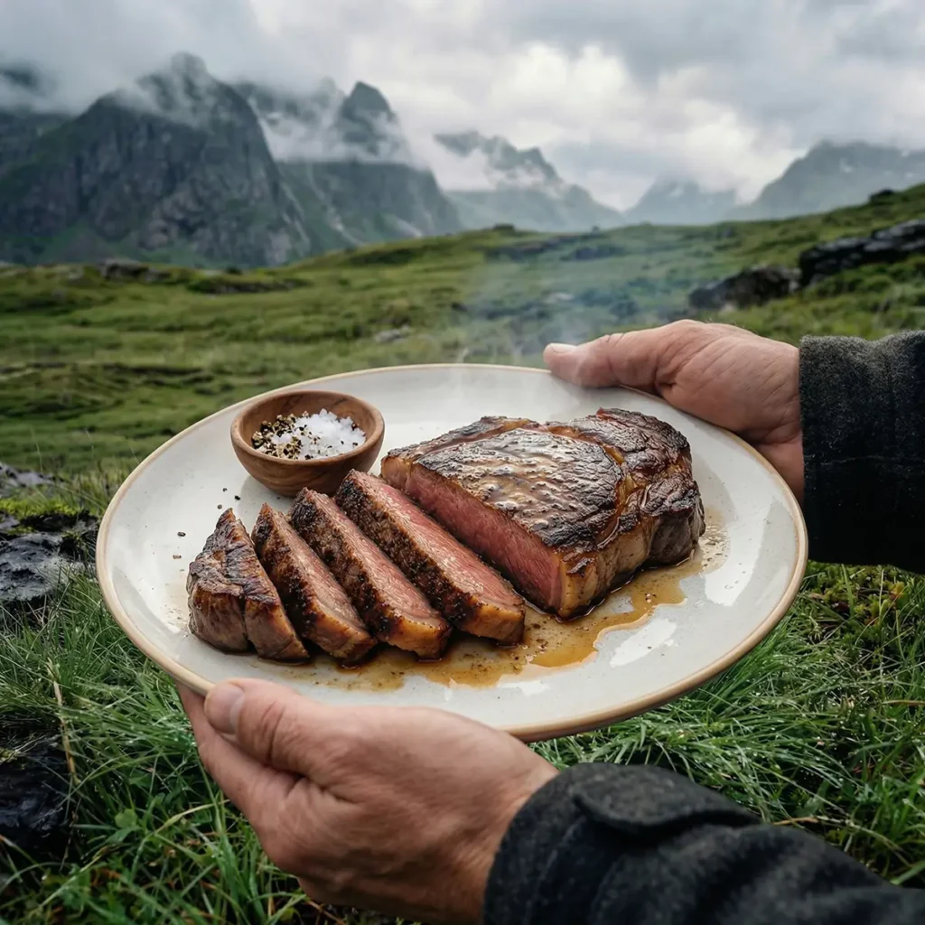 Caveman Style Wagyu Steak: Grilling Directly on the Embers 1 Sliced, medium-rare steak on a wooden cutting board with a dark, charred crust and coarse sea salt sprinkled on top