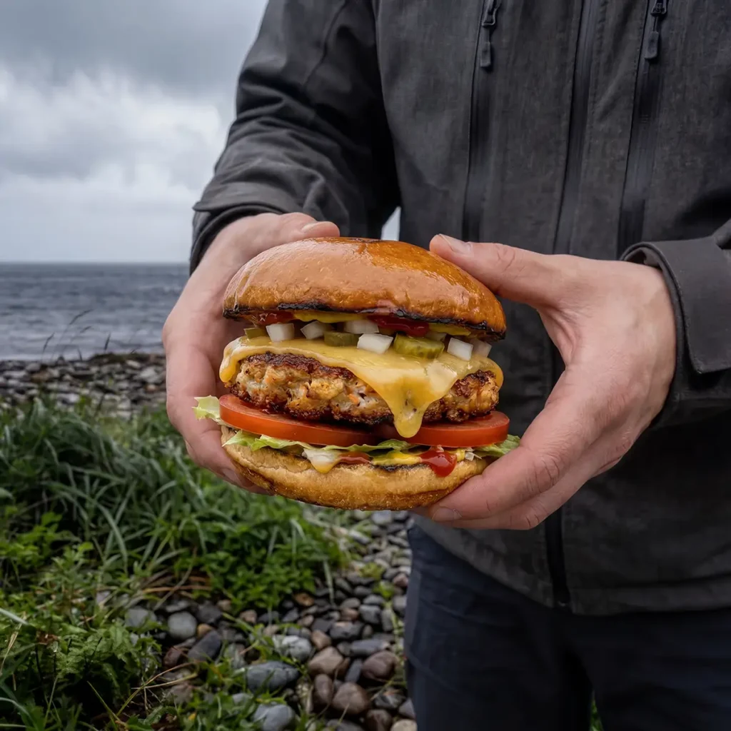 The Ultimate King Crab Burger: Sizzling Seafood Over Open Fire