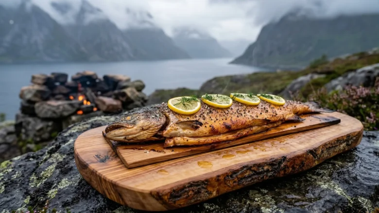 A massive Whole Salmon secured to a charred cedar plank next to a roaring outdoor fire.