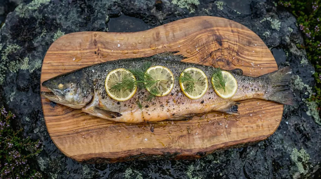 Slicing into the perfectly cooked salmon as smoke rises from the blackened cedar board.