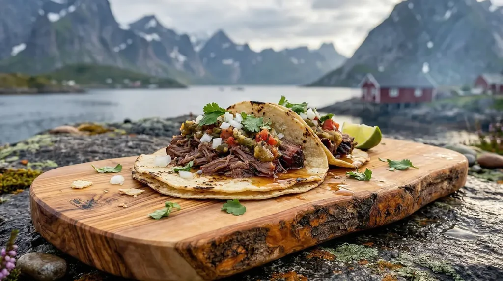 3 Ultimate Winter Campfire Recipes to Survive the Cold 3 Close-up of a doubled corn tortilla taco filled with pulled smoked brisket, topped with bone marrow salsa, diced white onion, cilantro and a squeeze of lime