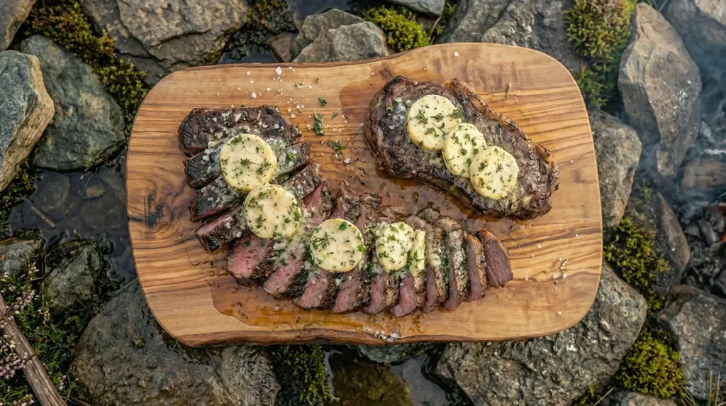 Elk Steak with Bone Marrow Compound Butter — Wild Game Cooking Over Open Fire 1 Sliced elk steak served on a weathered wooden board with a thick round of bone marrow compound butter pooling into the grain of the meat