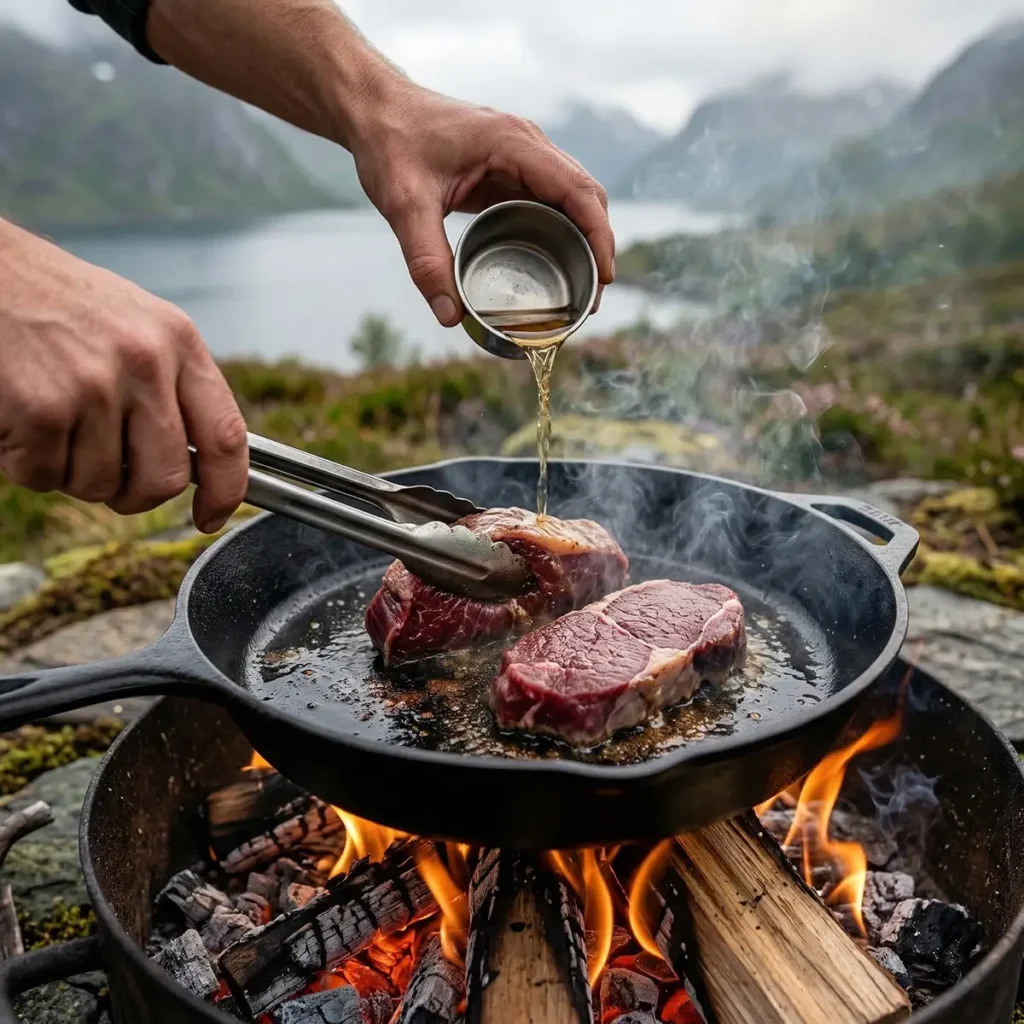 Cast iron skillet over open fire with elk steak searing hard, smoke rising in the fjord night air