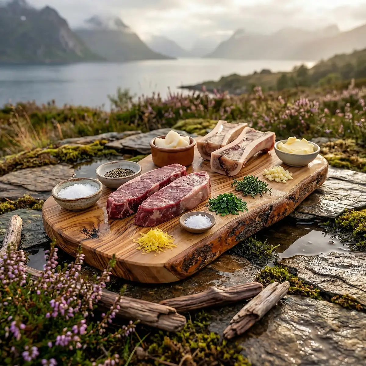 Elk Steak with Bone Marrow Compound Butter — Wild Game Cooking Over Open Fire 2 Raw elk strip loin steaks, halved marrow bones, fresh thyme, garlic, butter and sea salt arranged on a dark stone surface outdoors