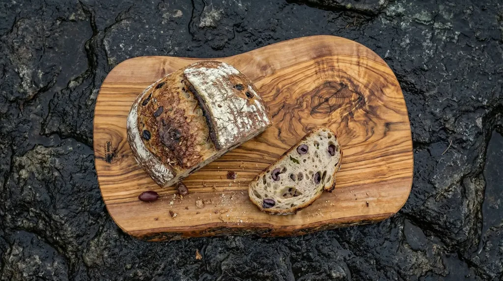 Open Fire Sourdough Bread with Olives — Baked in a Cast Iron Dutch Oven 1 Open fire sourdough bread with olives resting on a wooden board over hardwood coals at a fjord campfire