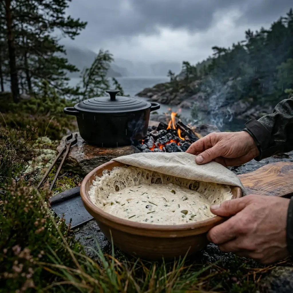 Open Fire Sourdough Bread with Olives — Baked in a Cast Iron Dutch Oven 3 Cast iron Dutch oven buried in glowing hardwood coals with lid on, baking sourdough bread outdoors