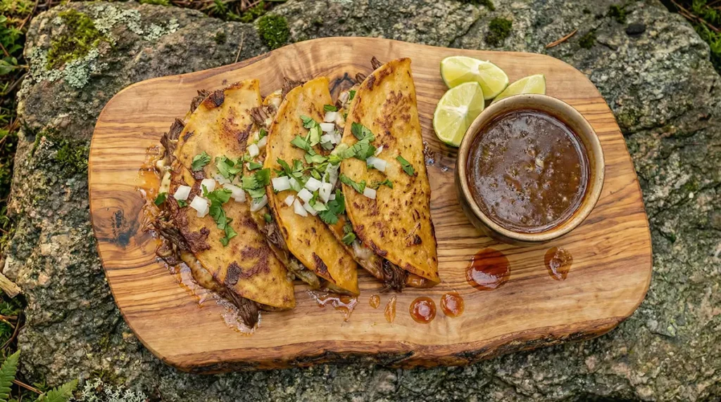 Hand dipping a crispy cheese-filled birria taco into a cup of rich red consomé with fresh cilantro and lime