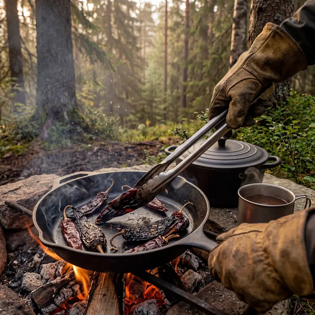 Dark red birria adobo broth bubbling inside a cast-iron Dutch oven set over open campfire flames with smoke rising