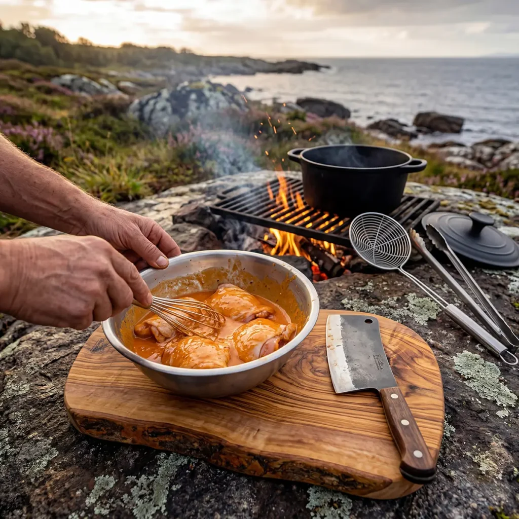 Chicken thighs dredged in spiced flour being lowered into sizzling oil in a cast iron dutch oven over campfire