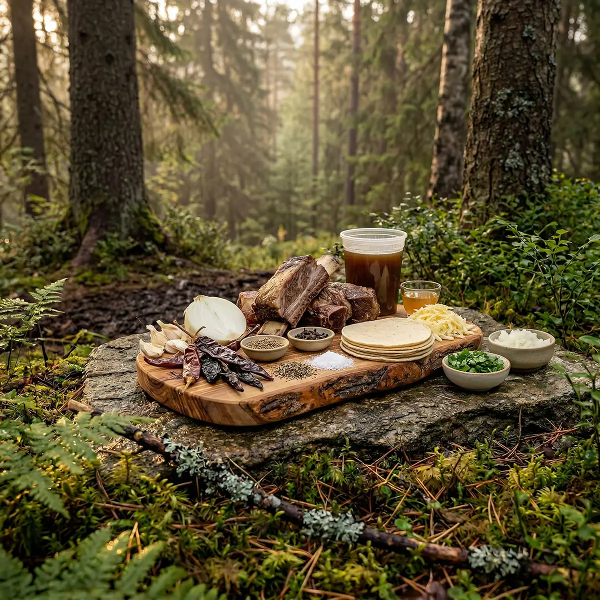 Raw bone-in short ribs, dried Guajillo Ancho and Pasilla chilies, white onion, garlic, and spices arranged on a cutting board in the woods
