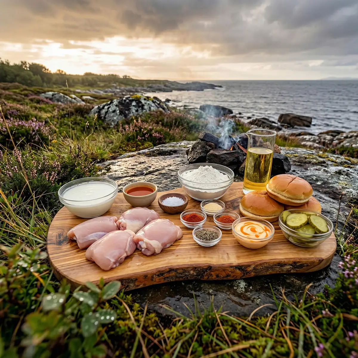 Buttermilk, hot sauce, smoked paprika, and chicken thighs laid out on a rough wooden surface beside an open fire