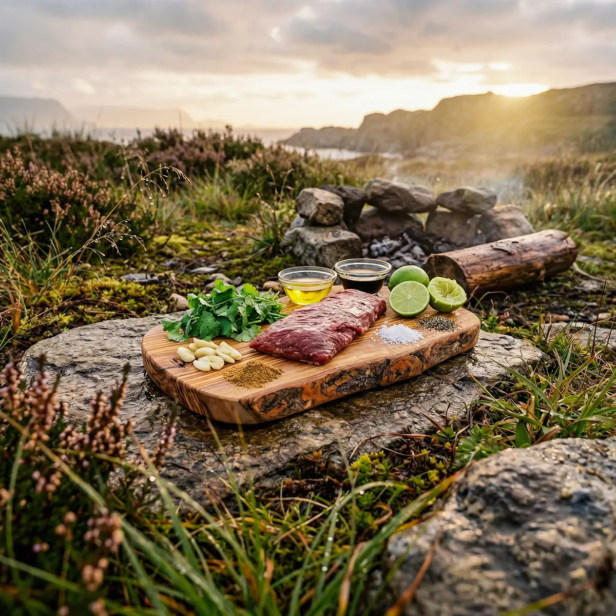 Raw whole beef tenderloin, rustic baguette, horseradish mustard, and fresh herbs on a wooden board