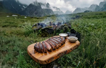 Sliced, medium-rare steak on a wooden cutting board with a dark, charred crust and coarse sea salt sprinkled on top