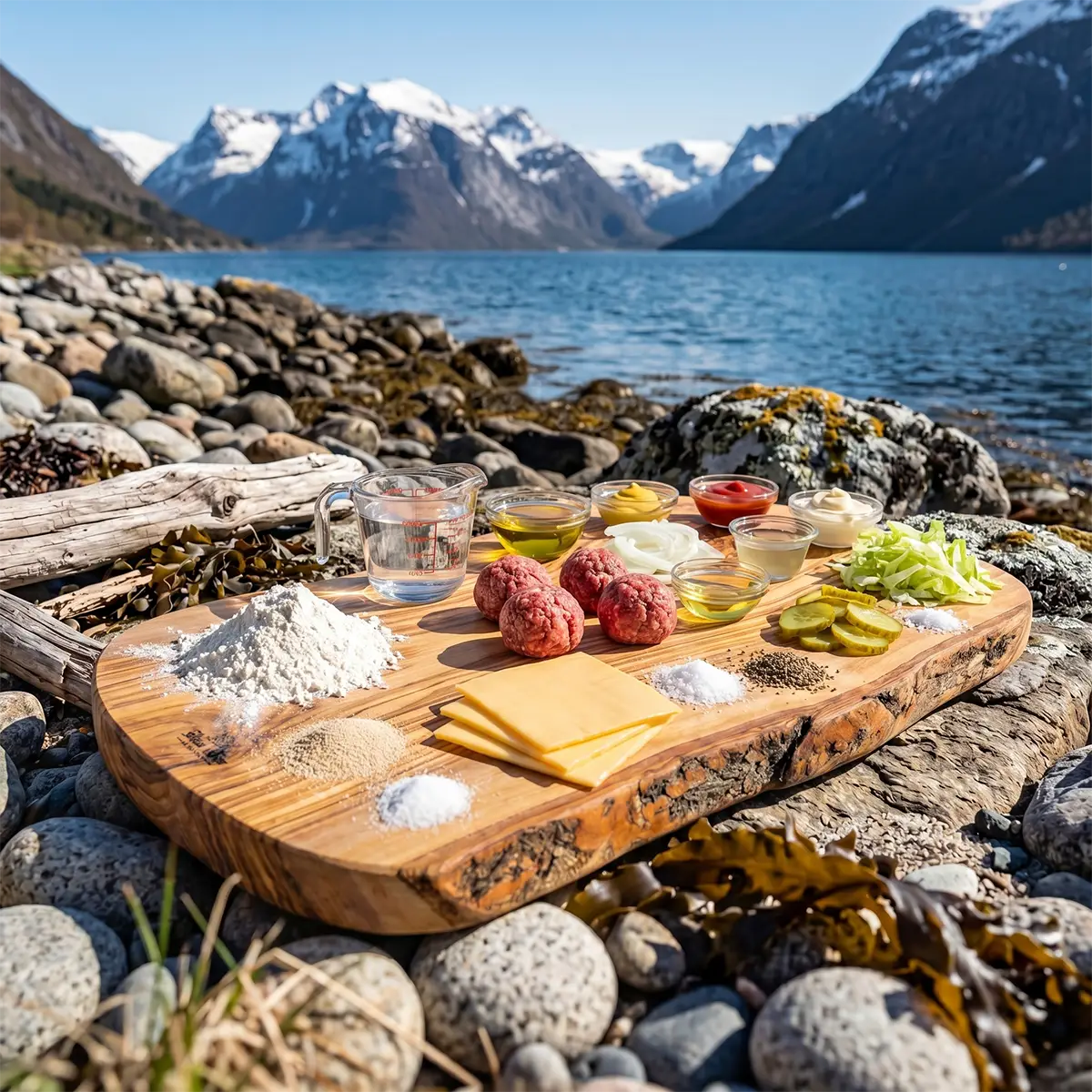 Raw 80/20 ground beef balls, sliced white onion, American cheese, dill pickles, and flour on a wooden surface