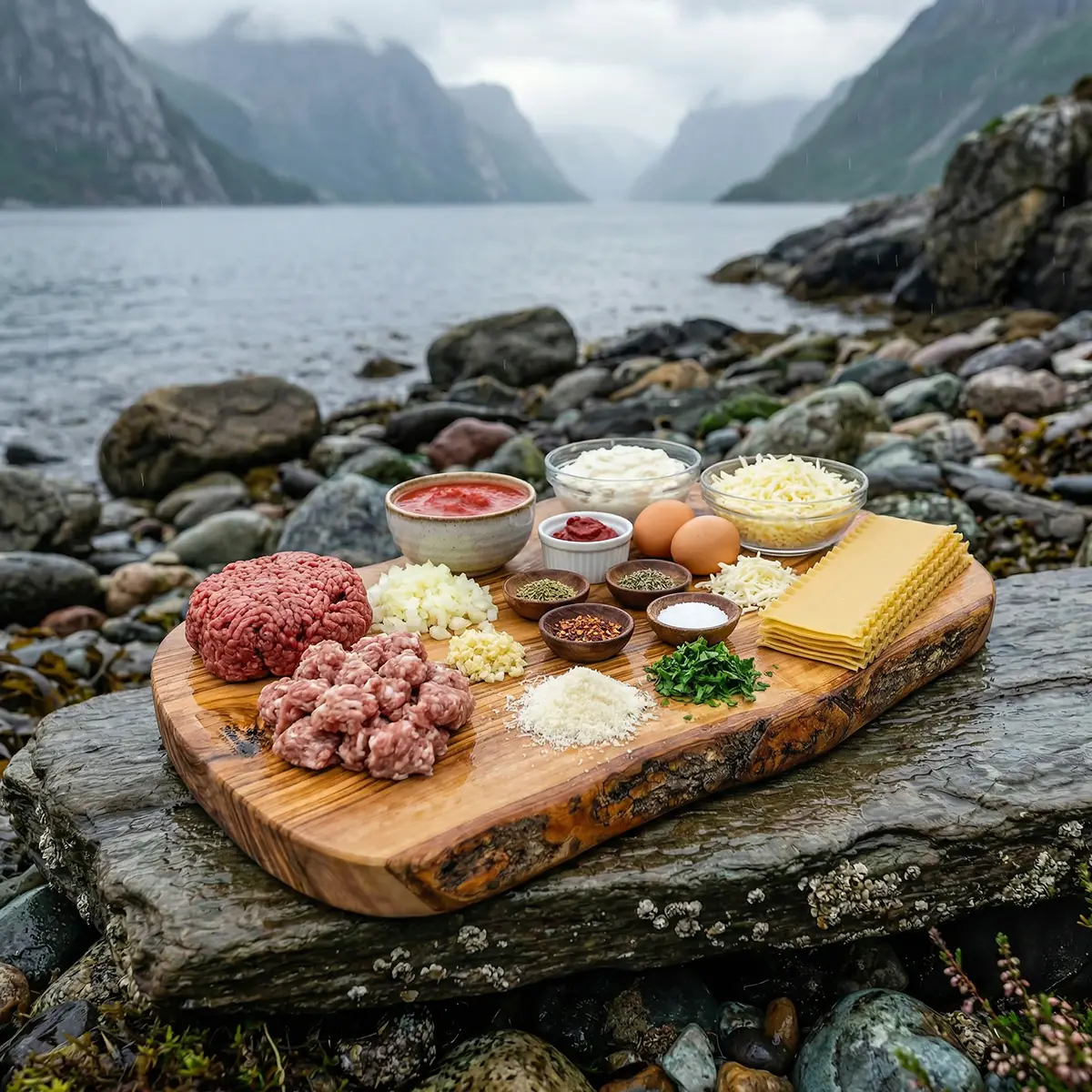 Campfire Dutch Oven Lasagna — Built Over Real Coals 2 Raw ingredients for campfire Dutch oven lasagna: ground beef, Italian sausage, ricotta, mozzarella, crushed tomatoes, no-boil noodles, and fresh herbs on a wooden camp table