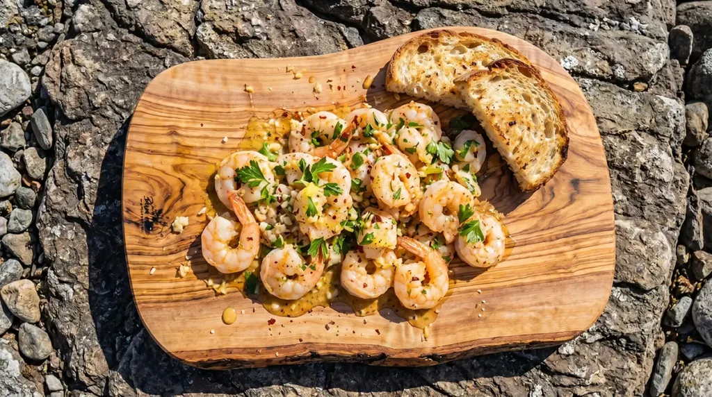 Open fire shrimp scampi served directly from cast iron skillet with sourdough bread and fresh parsley