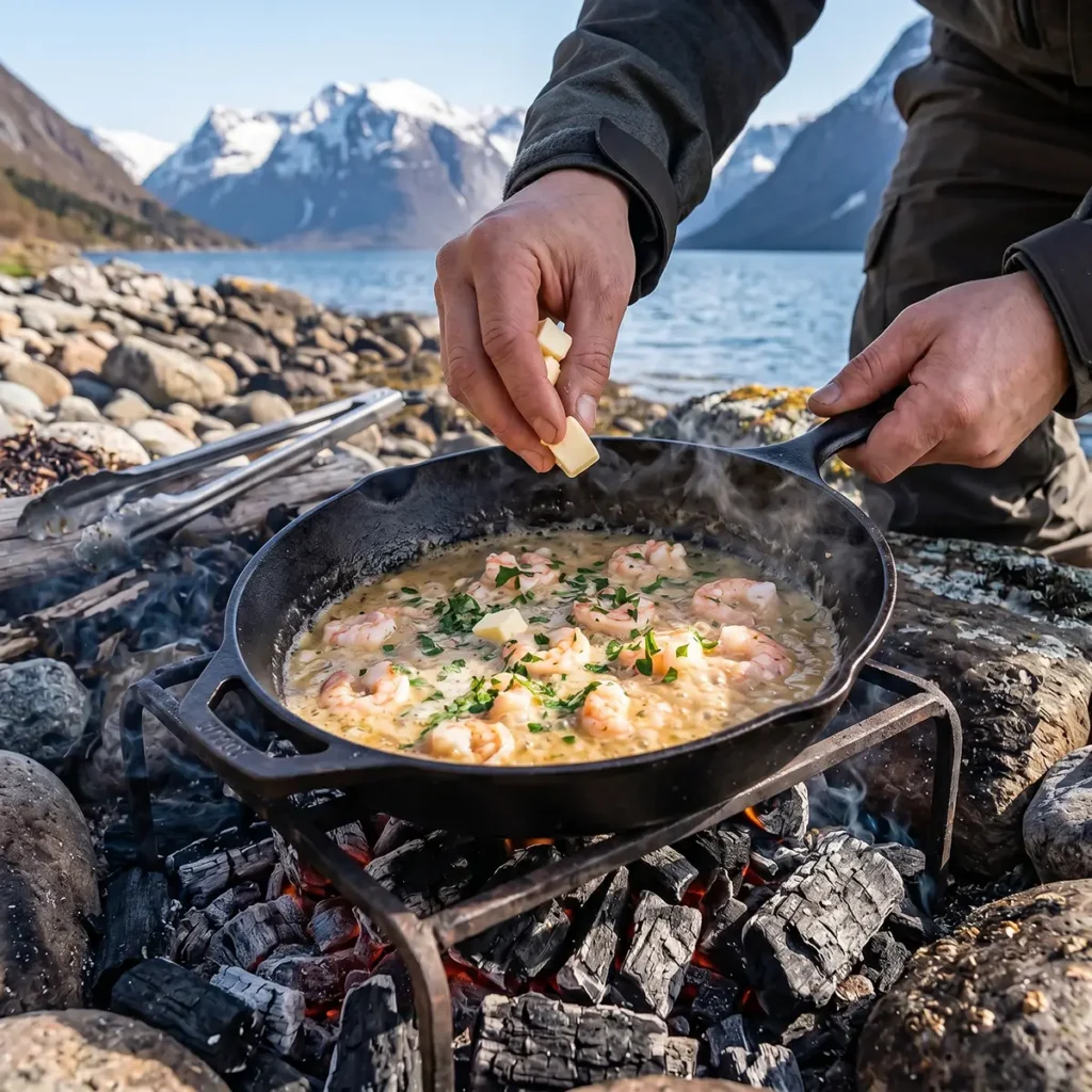 Cast iron skillet over glowing coals with shrimp searing in garlic olive oil, steam rising from the pan
