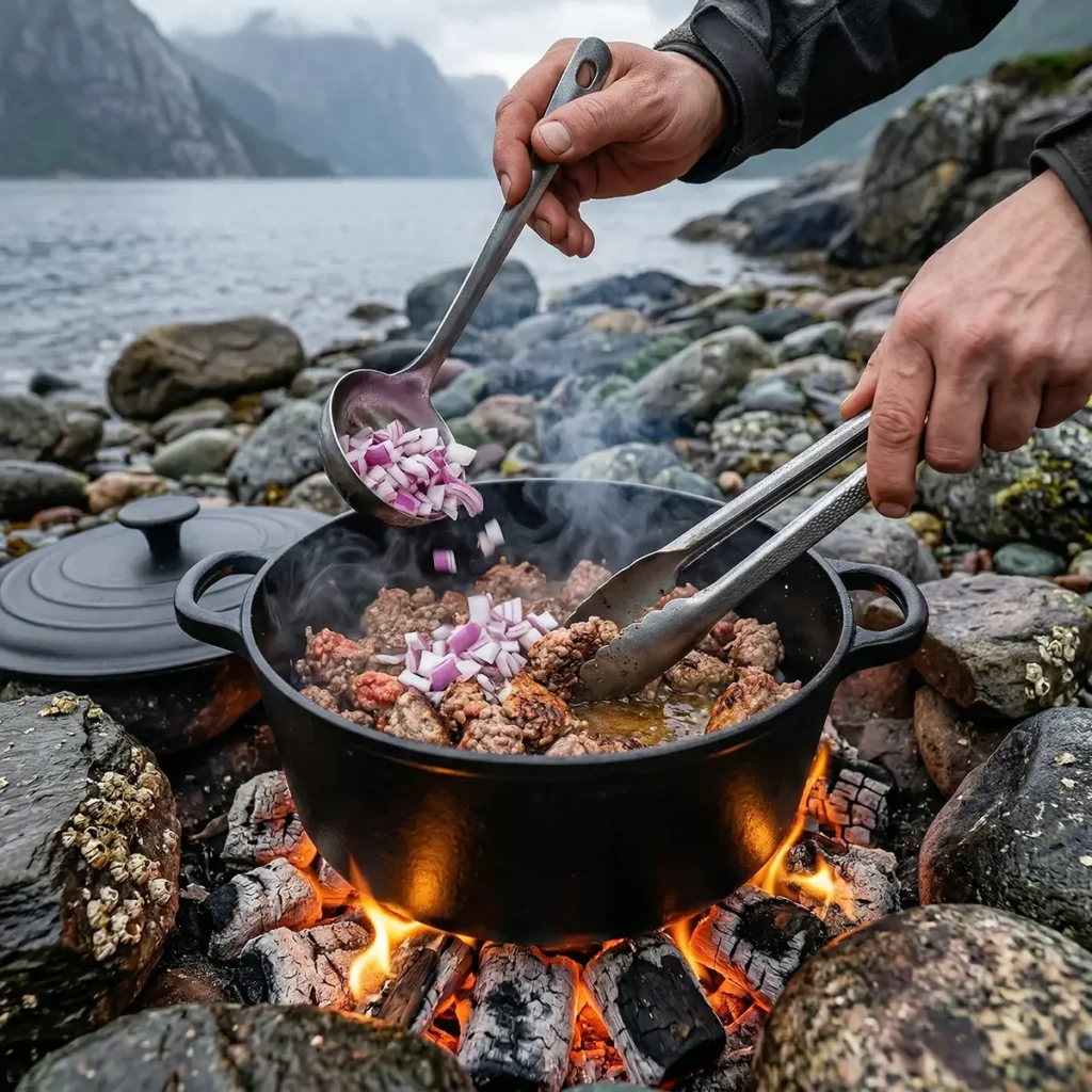 Campfire Dutch Oven Lasagna — Built Over Real Coals 3 Layering no-boil lasagna noodles and ricotta into a Dutch oven over campfire coals with smoke rising in the background