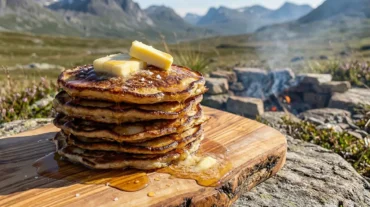 Campfire pancakes stacked high in a cast iron skillet over glowing hardwood coals at sunrise