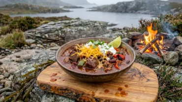 Campfire chilli in a cast iron Dutch oven over glowing hardwood coals, steam rising into the night air