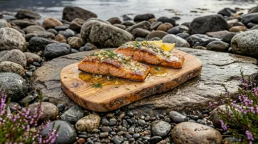 A heavy cast iron skillet resting on glowing campfire coals holding a perfectly seared cast iron campfire salmon filet.