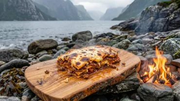 Campfire Dutch Oven Lasagna — Built Over Real Coals 1 Campfire Dutch oven lasagna served in a cast iron pot over glowing hardwood coals in a forest setting
