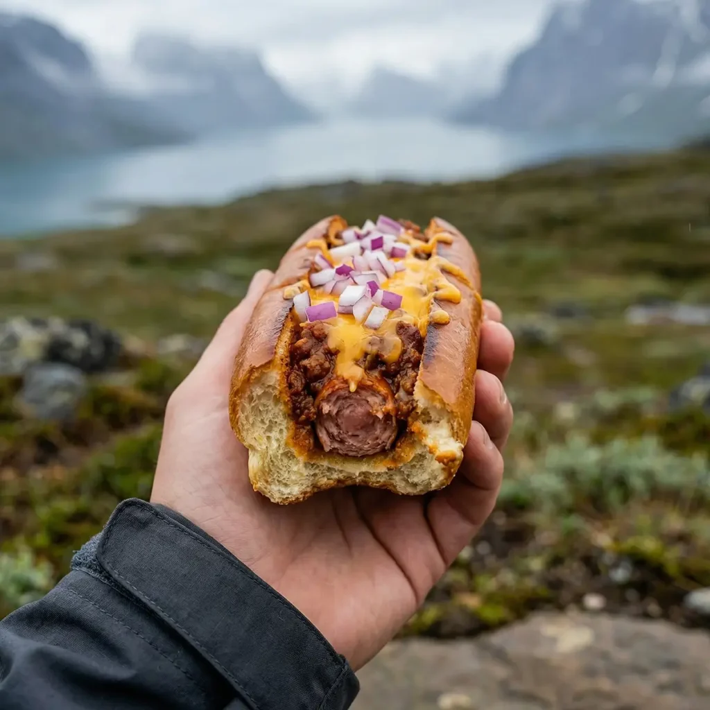 Hands holding a massive, messy campfire chili dog outdoors with glowing embers in the background.