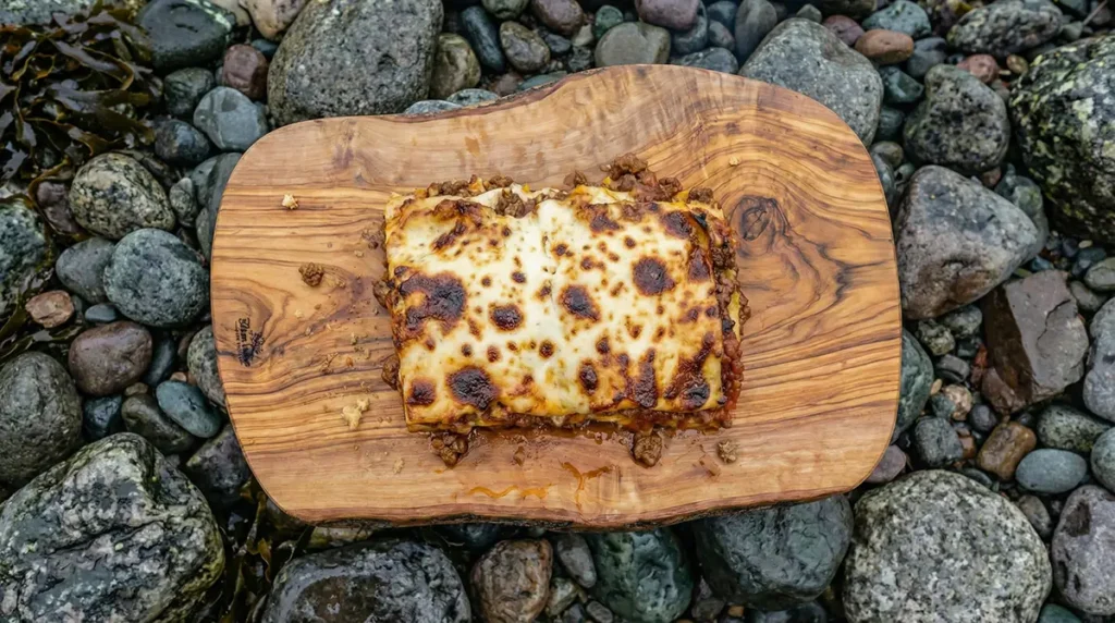 Campfire Dutch Oven Lasagna — Built Over Real Coals 1 Close-up of campfire Dutch oven lasagna slice showing distinct meat sauce, ricotta, and molten mozzarella layers with a caramelized cheese top