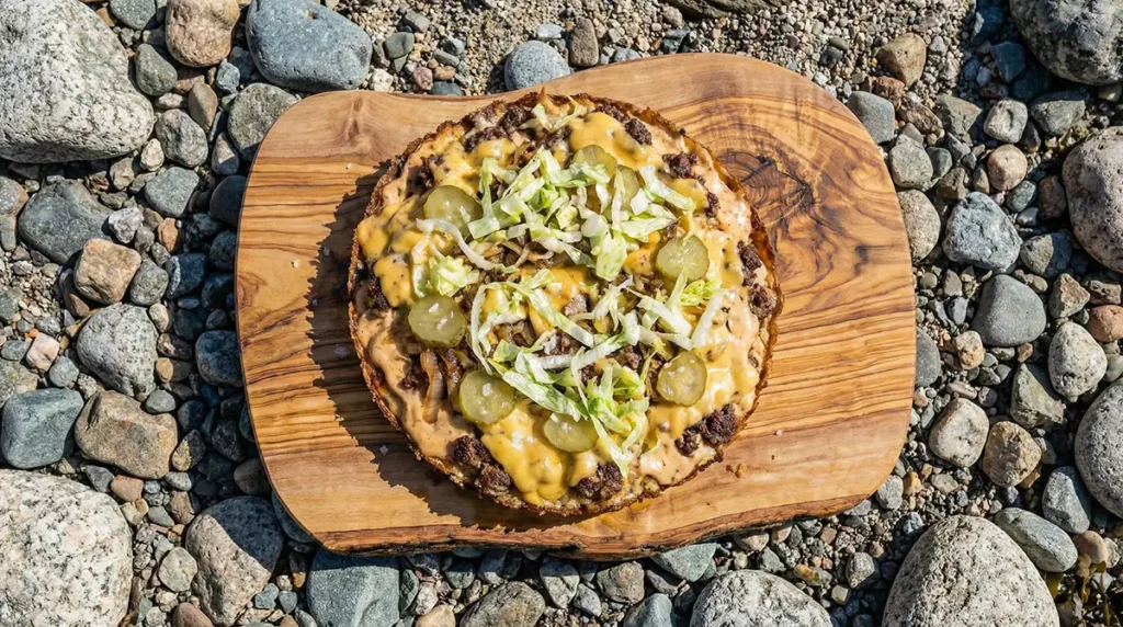 Sliced smashburger pizza in cast iron with crispy crust, molten American cheese, and dill pickles