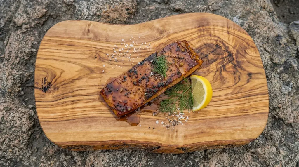 Honey garlic salmon served on a cast iron skillet outdoors, lacquered glaze, crispy skin, lemon wedges and fresh dill alongside