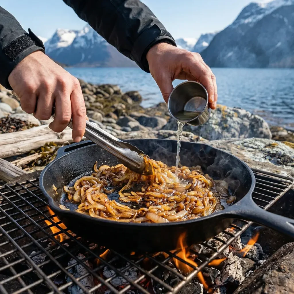Smashing beef patties into a screaming hot cast iron skillet over hardwood coals