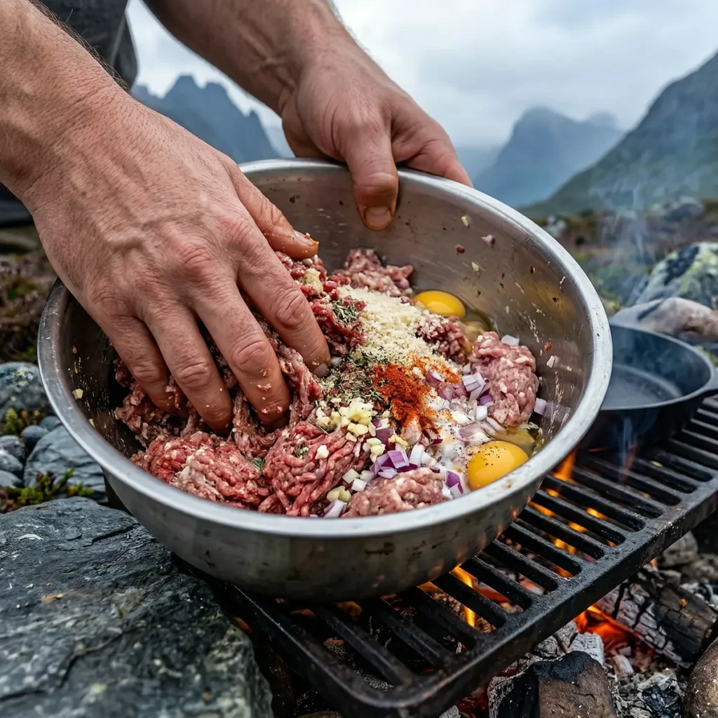 Charring bell peppers directly on open fire coals, blackened skins blistering, tongs resting beside the flames