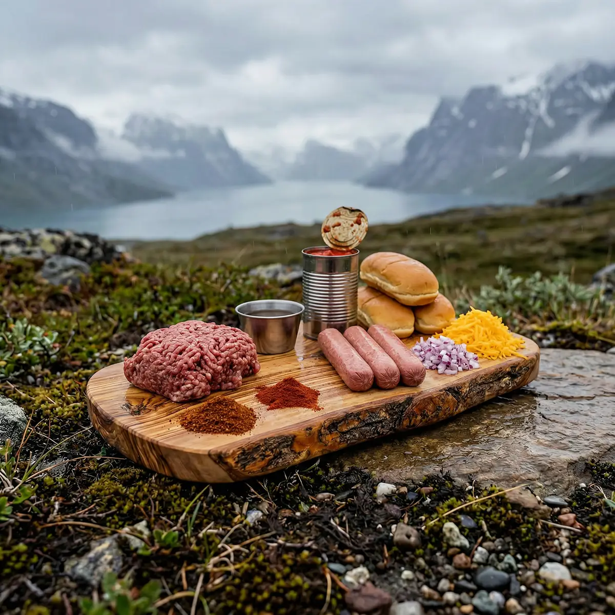 Raw beef franks, ground meat, spices, brioche buns, and red onions laid out on a weathered log in the forest.