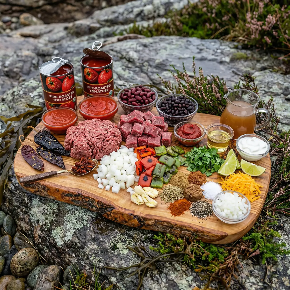 Raw ingredients for campfire chilli: dried ancho and guajillo chillies, beef chuck, bell peppers, garlic, canned tomatoes, beans and spices on a wooden board