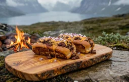 Close up of heavily loaded campfire chili dogs with melted cheese and red onions sitting on a rustic wooden board near a roaring campfire.