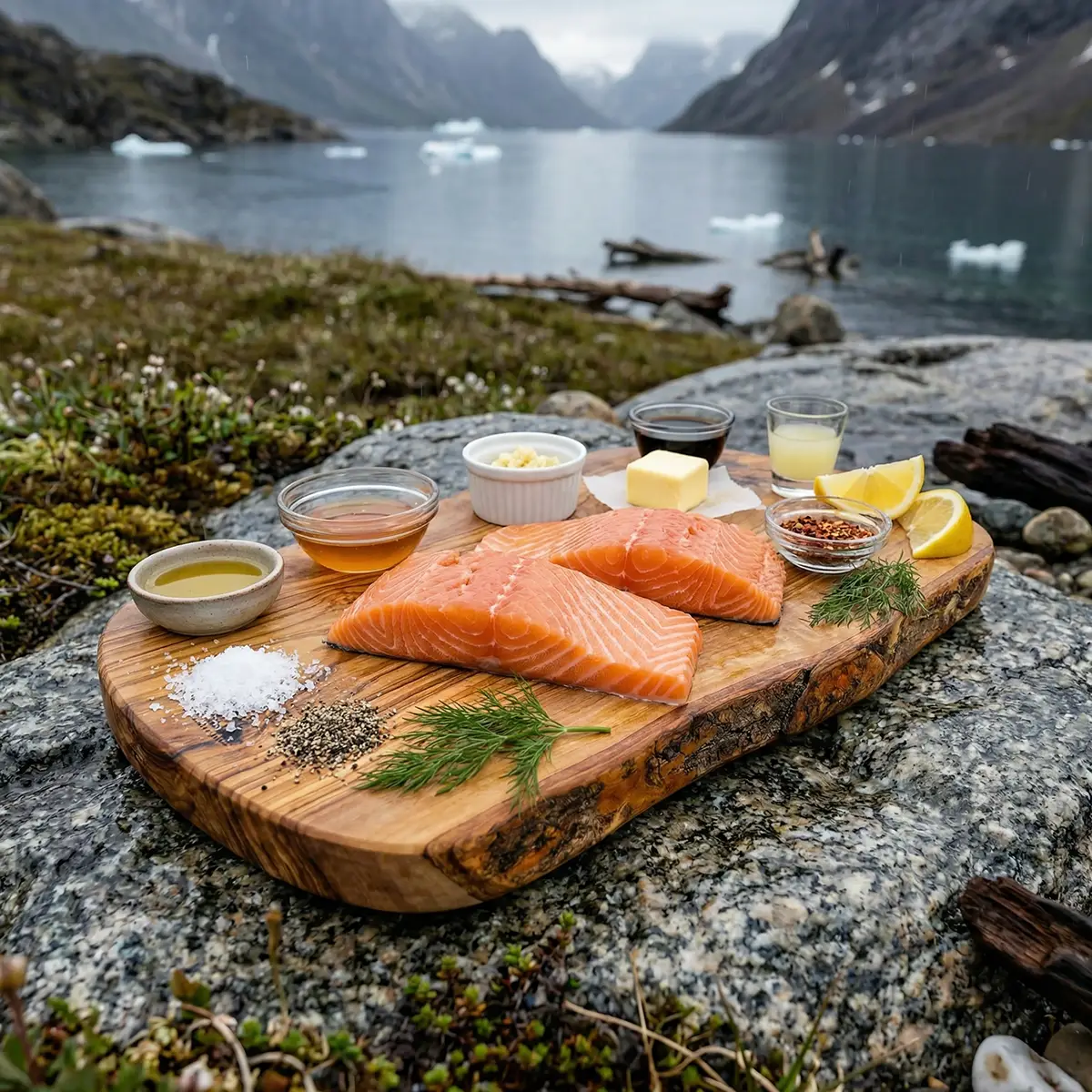 Raw honey garlic salmon ingredients laid out on a wooden board: salmon fillets, garlic cloves, honey jar, lemon, soy sauce, fresh herbs