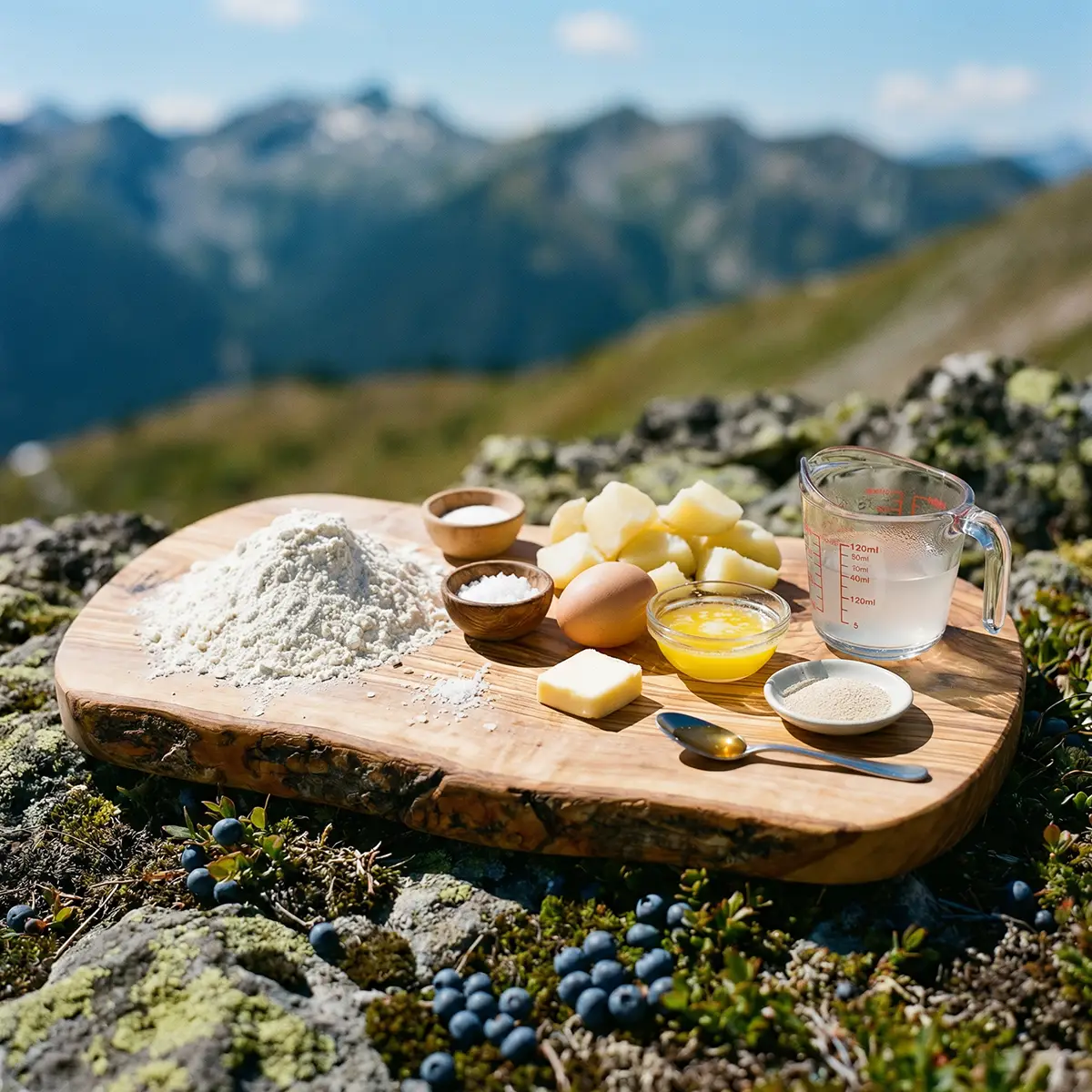 Campfire Potato Buns — Soft, Smoky Cast Iron Bread Over Open Fire 2 Raw ingredients for campfire potato buns: russet potatoes, bread flour, butter, egg, yeast, honey and sea salt on a wooden board