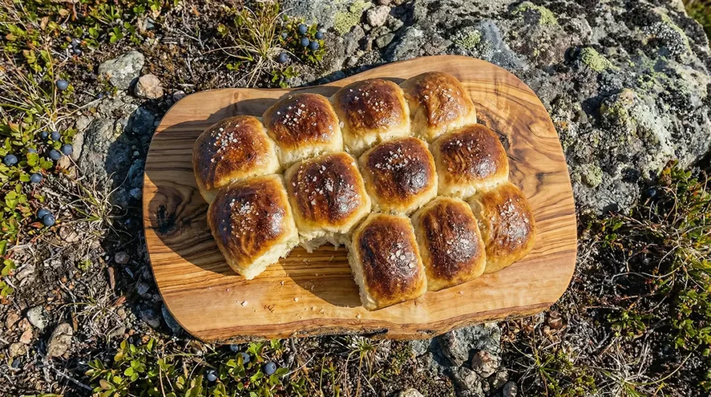 Campfire Potato Buns — Soft, Smoky Cast Iron Bread Over Open Fire 1 Eight golden campfire potato buns brushed with melted butter and flaky sea salt, pulled apart at the fire